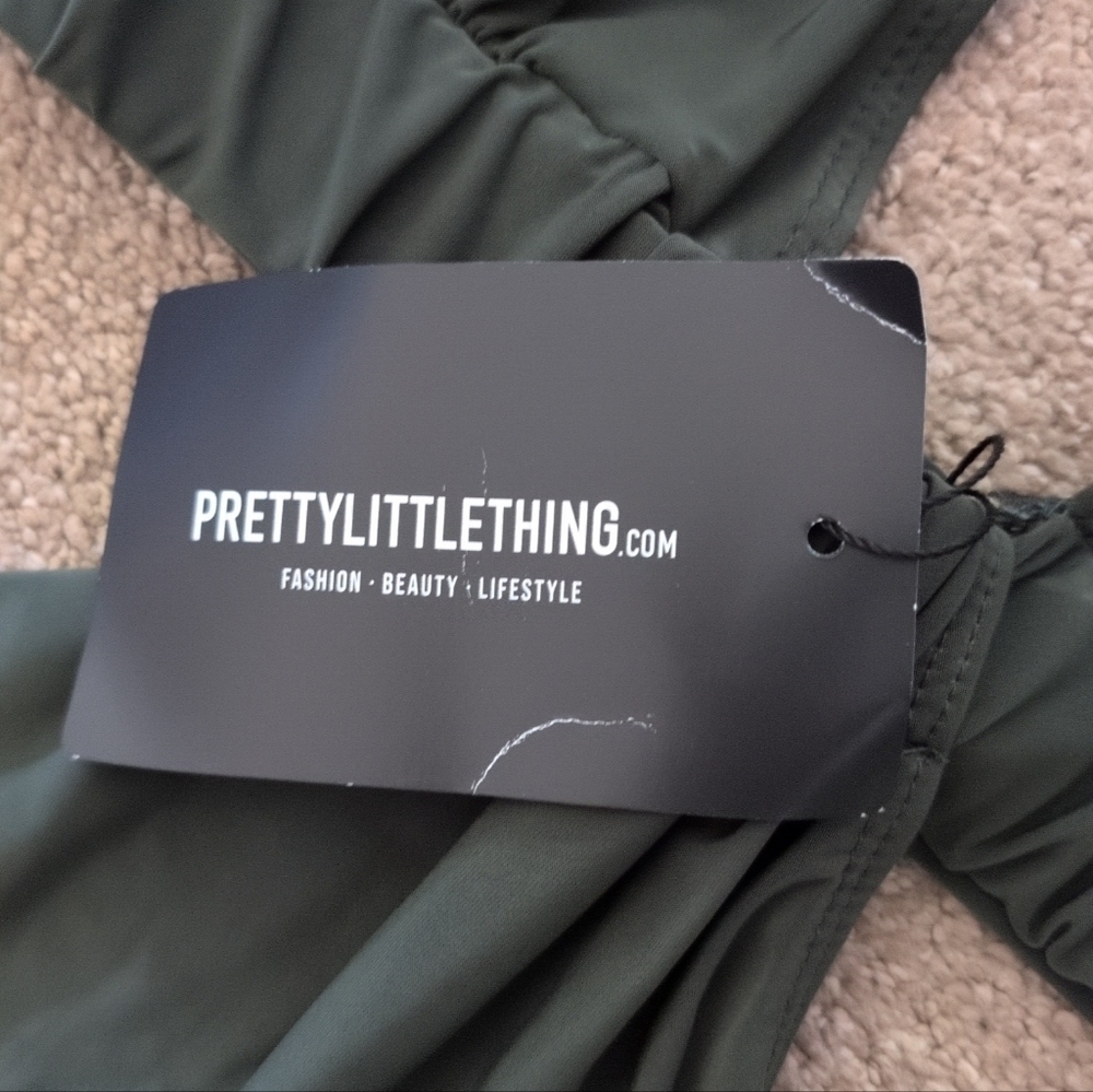 Pretty Little Thing Khaki Slinky Plunge Cut Out Waist Bodysuit - Picture 7 of 12